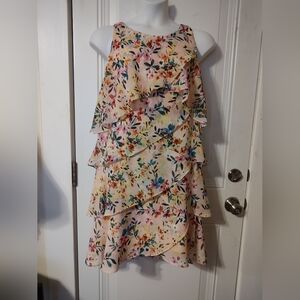 SLNY Pink Floral Tiered Ruffle High-Low Dress